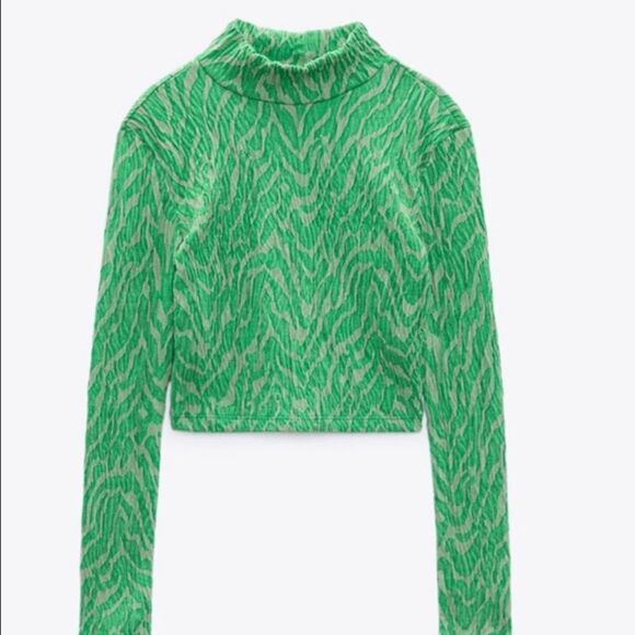 NWOT ZARA Jacquard Ruched Green Zebra Cropped Turtleneck and Skirt Set - Picture 6 of 16